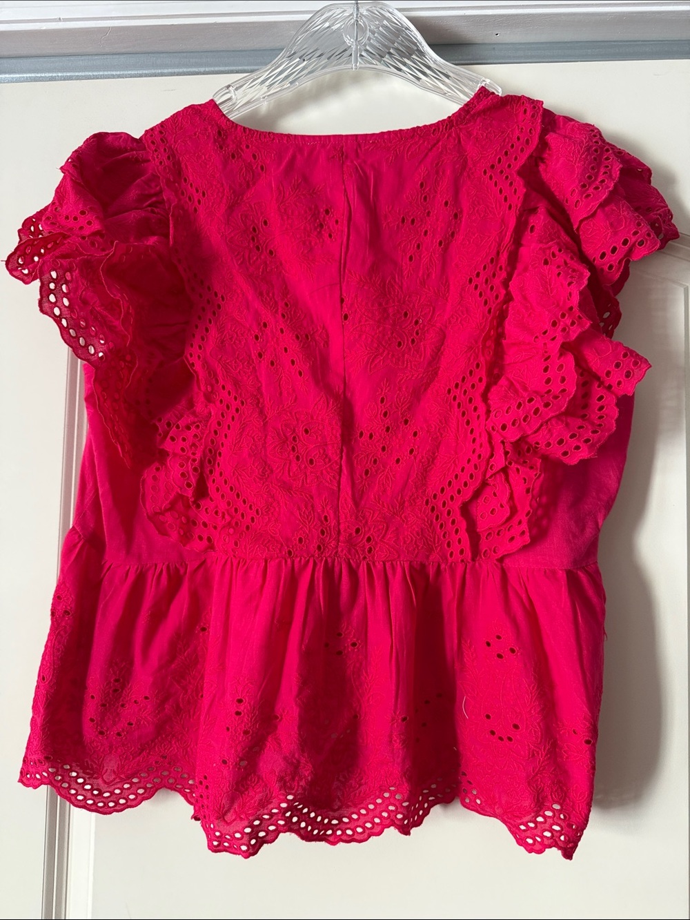 Eyelet Ruffled Peplum Blouse in Hot Pink - Picture 4 of 4